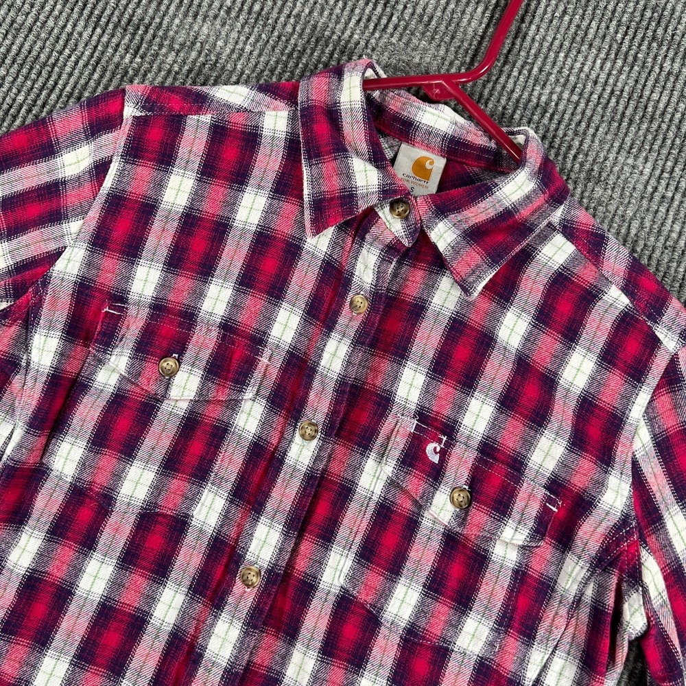 Carhartt Shirt Womens Small Pink Plaid Long Sleeve Button‎ Up 100% Cotton